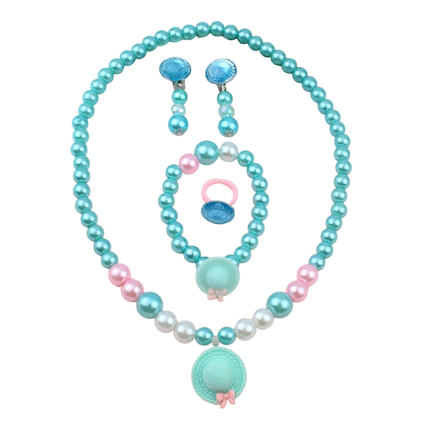 SYGA Childrens Five-Piece Set Jewelry Set for Girls, Necklace, Earrings, Bracelet and Ring For Kids, Girl, Gift, Party (Blue Straw Hat) (B0D45P45G2) Amazon Price History, Amazon Price Tracker