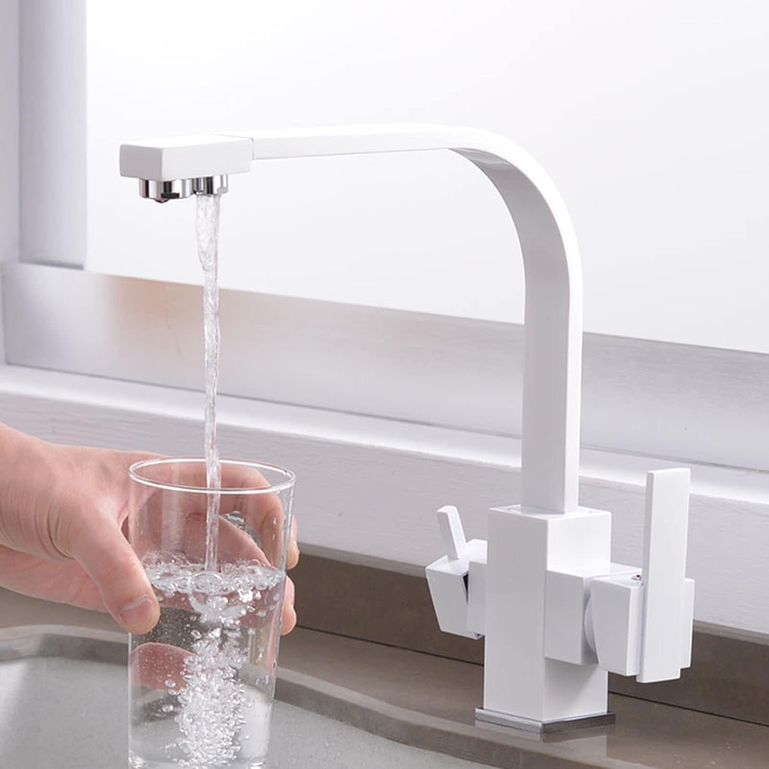 Robinet mitigeur de cuisine à 3 voies pour filtre à eau blanc et osmoseur double poignée