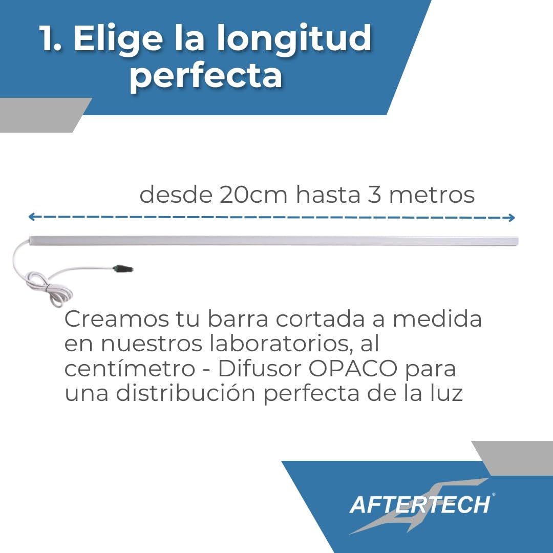 AFTERTECH Barra LED Perfil Plano de Aluminio NEGRO al centímetro de 20 a 300cm en UNA SOLA PIEZA - LUZ POTENTE 19,2w/m 180led/m - PERSONALIZABLE Bajo Mueble de Cocina