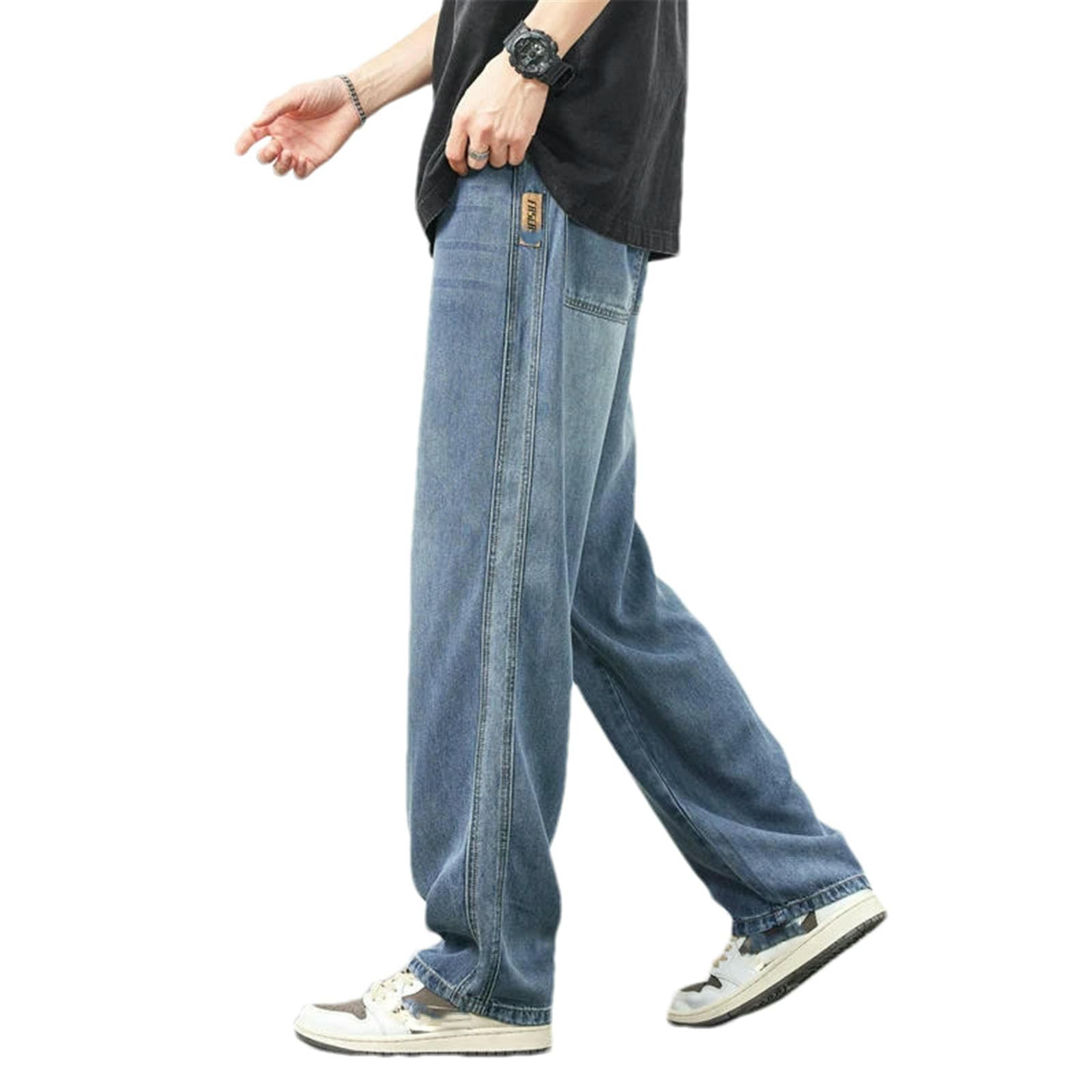 Jeans da uomo in morbido tessuto Lyocell primavera estate pantaloni da uomo in denim a gamba larga sottile pantaloni casual con elastico in vita