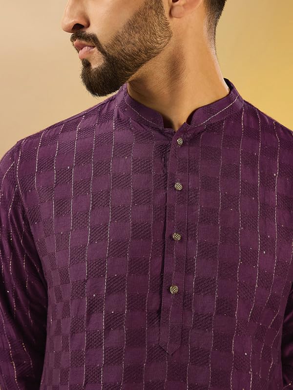 Image of KISAH Men's Kurta Churidar Set, Burgundy Pure Cotton, Embroidered Regular Fit Mandarin Collar Long Sleeves (S)