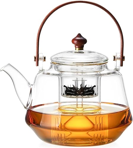 40oz Glass Teapot with Anti-Drip Spout, Peach Wood Handle and Lid, Heat-Resistant Borosilicate Glass, Dual Infusers for Steaming and Boiling. - Glass - 40OZ