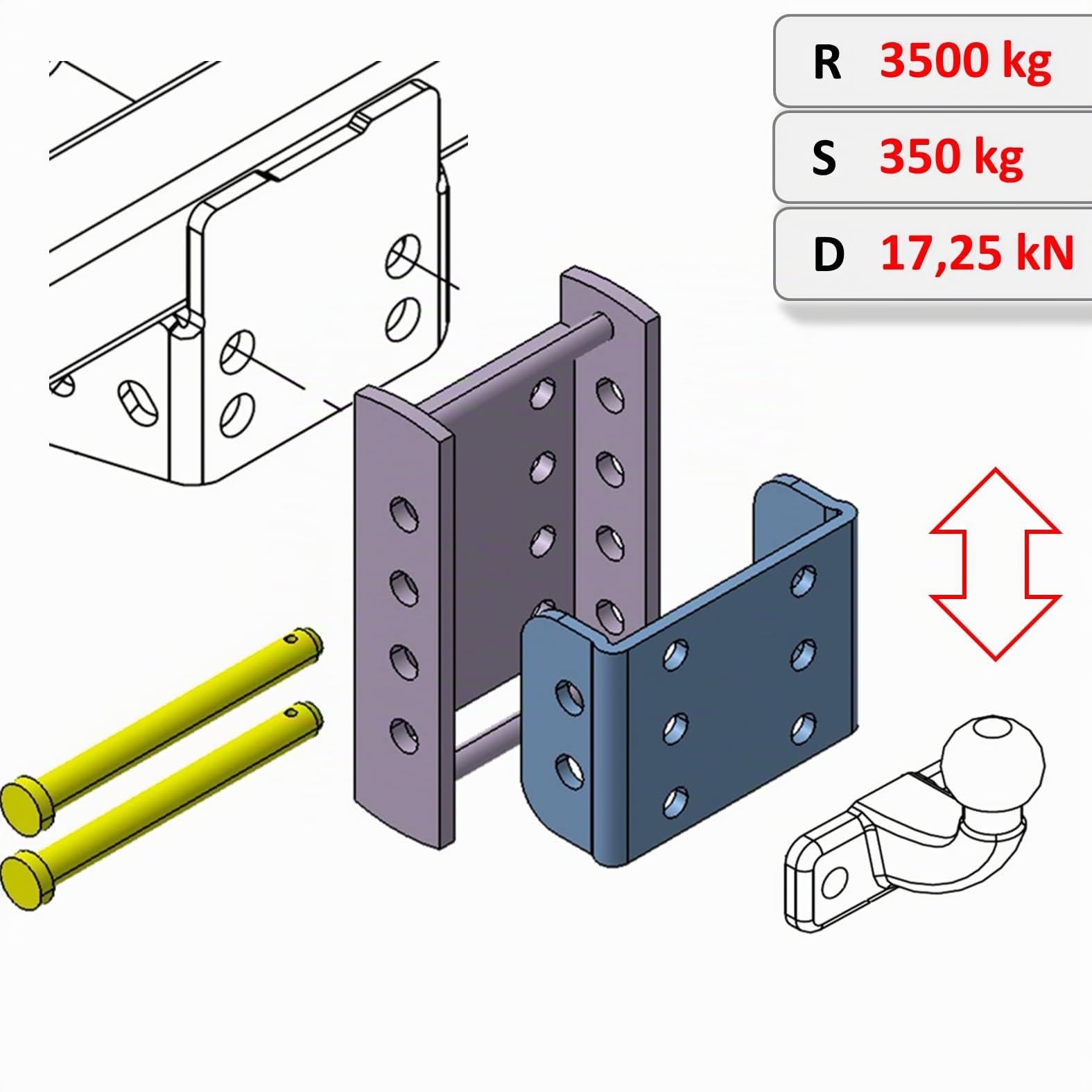 XIMPLIO Attelage universel réglable en hauteur – Réglage de la hauteur de boule avec systčme de changement AHK-Bock (pour 2 trous 90 mm AHK, noir, 3 x 45 mm)