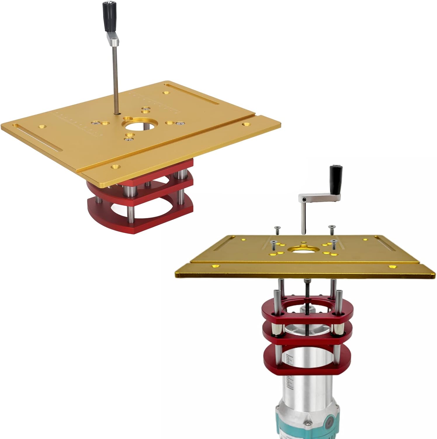 Router Tables System Kit, Manual Lifting Router System Kit Table Saw Insert Base Plate Worktable for Woodworking Slotting Small Trimming Machine (Gold)