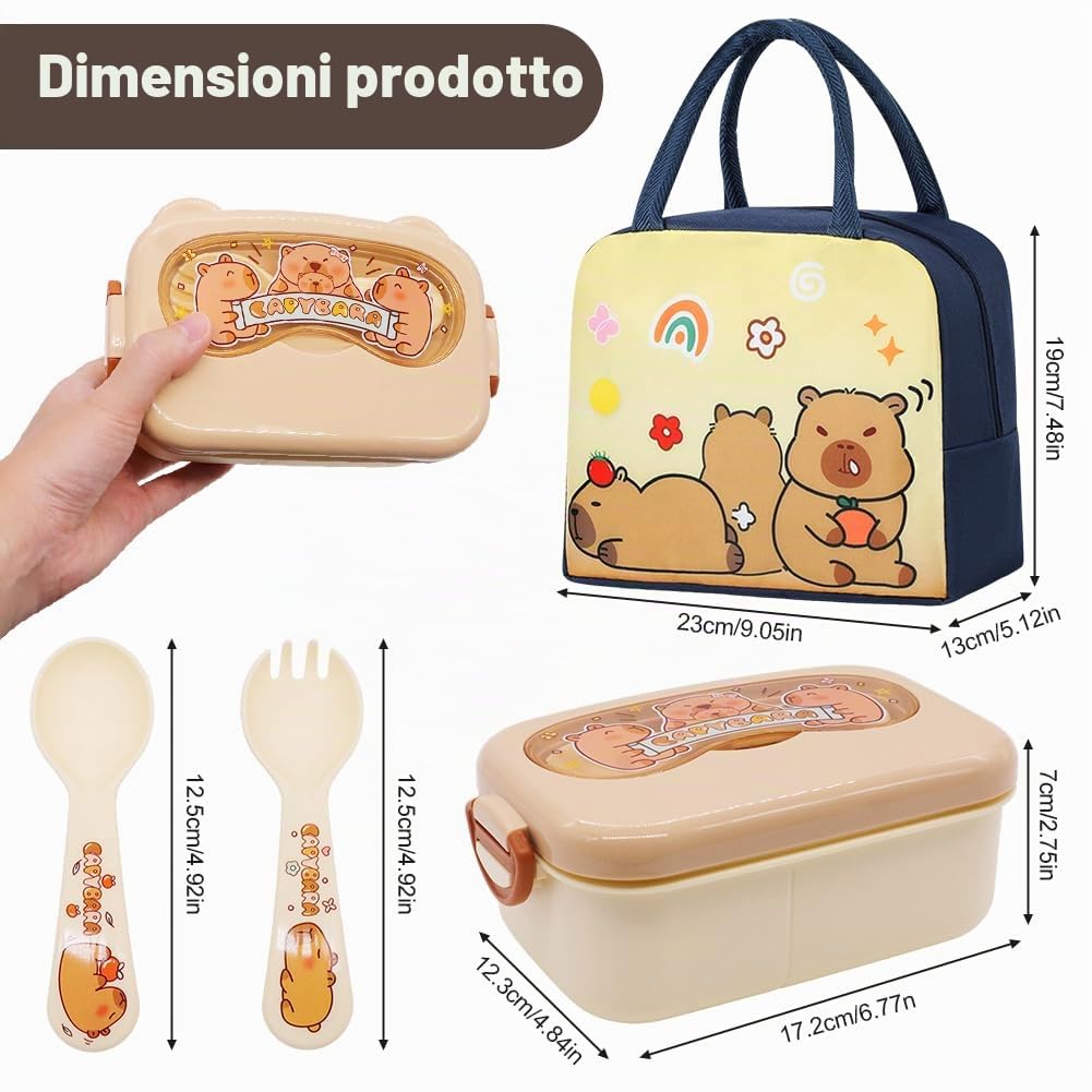 Capybara Borsa Porta Pranzo Cartoni Animati Scatola Pranzo con Scomparti e Posate Portatile Design Sicurezza Forno Microonde Impermeabile per Bambini Lavoro Scuola Ufficio