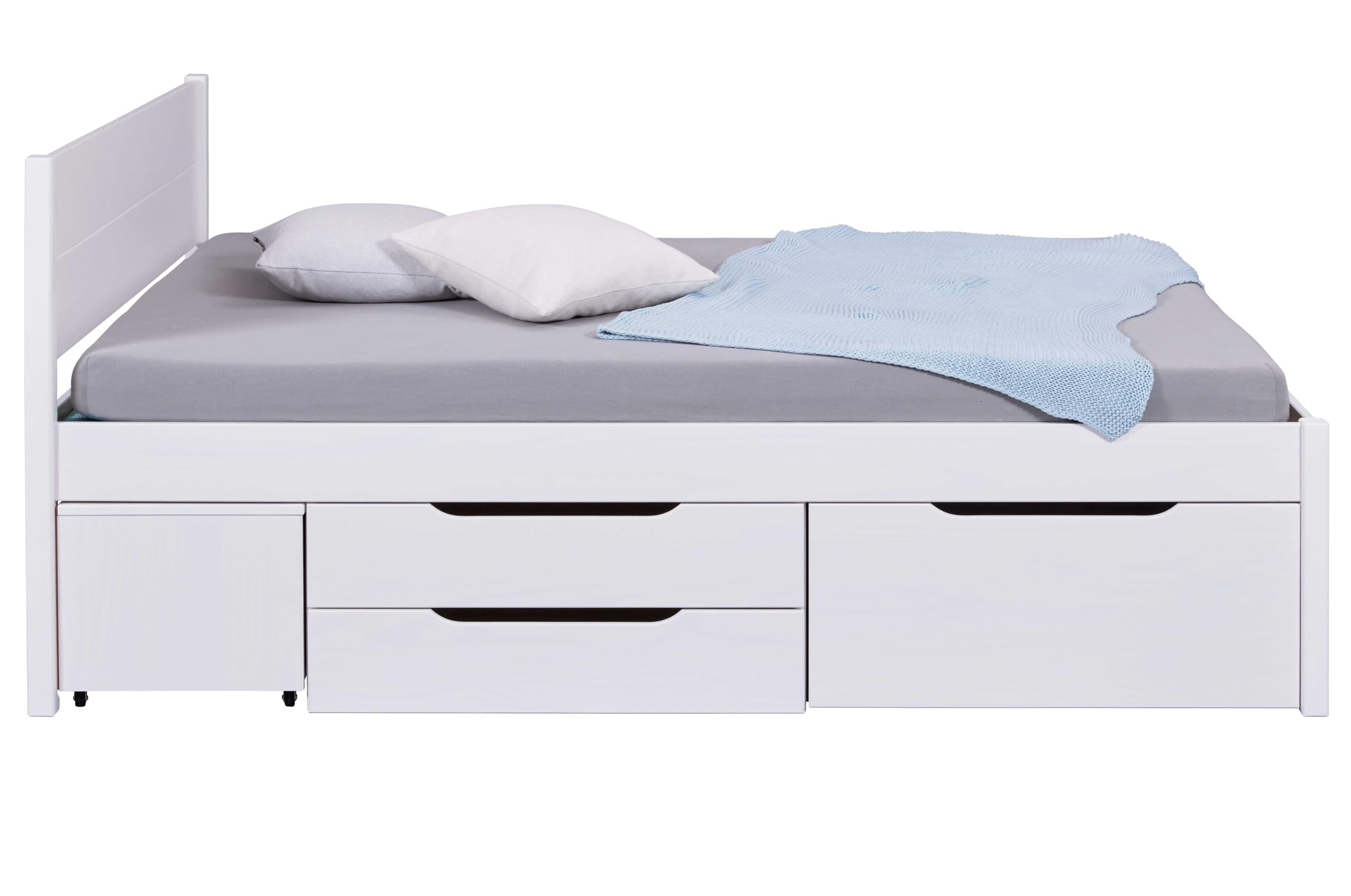 Inter Link - Bett mit Schubladen - Doppelbett 180x200 cm – Kojenbett mit Stauraum – Kiefer massivholz – 4 Schubladen und 2 Schubkasten – Inkl Lattenrost – Weiß lackiert – Efetivo 180x200cm