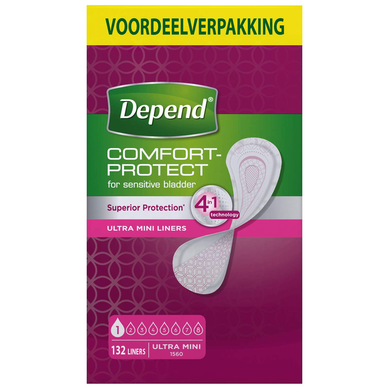 Depend panty liner - Incontinencia y pérdida de orina - Mujeres - Vendaje Ultra mini - 132 piezas - Paquete de ventaja