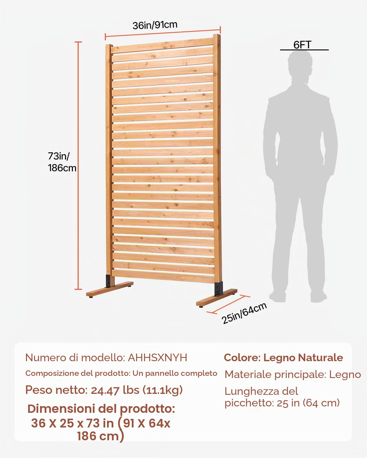 VEVOR Pannello Divisorio in Legno per Privacy, pannello con Supporto, Pannello Decorativo per Privacy del Patio, Divisorio per Esterni per Balcone, Patio, Prato,Giardino 91 x 6,3 x 187 cm