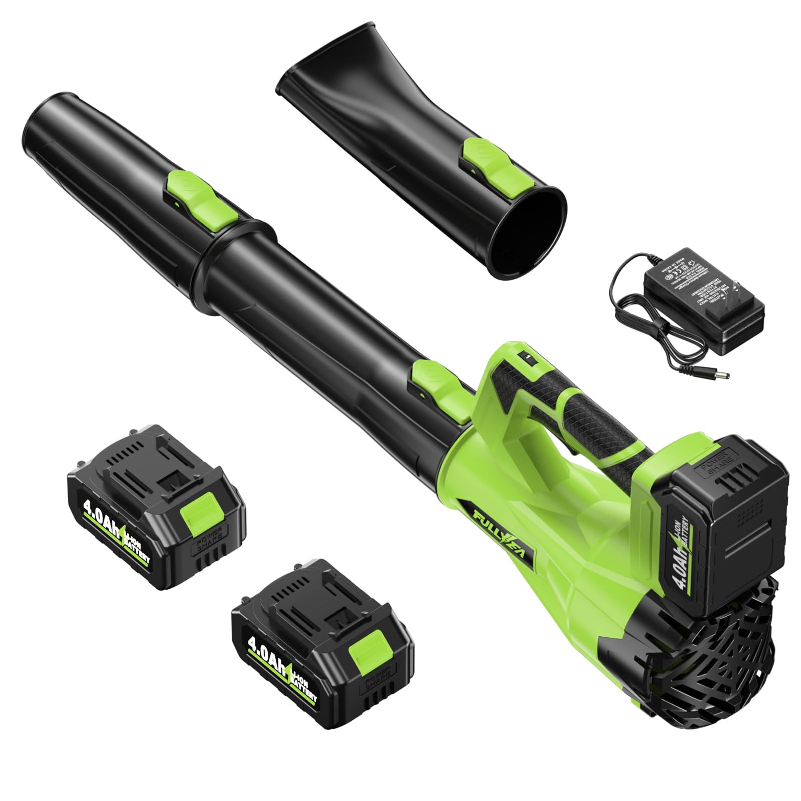 Photo 1 of **UNTESTED**
FULLYEA Leaf Blower Cordless 500CFM/150MPH, Cordless Leaf Blower with 2 x 4.0Ah Batteries & 3 Tubes, 6 Speed Modes, Electric Leaf Blowers Battery Powered for Cleaning Patio, Yard, Garage, Lawn (Green)
