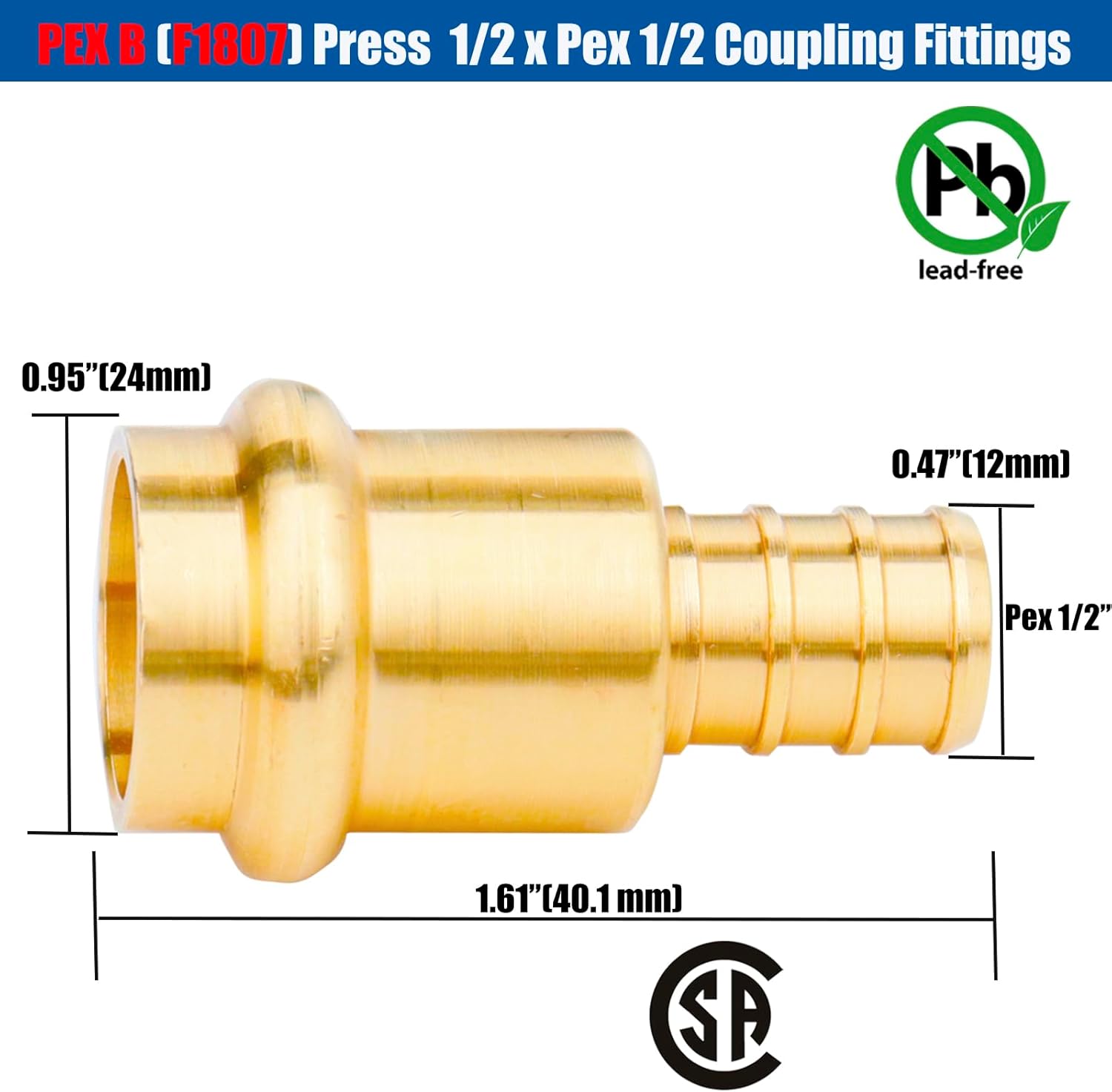 WHK 12 Pack 1/2" Press Pro press x 1/2" PEX Adapter Crimp Fittings Brass Coupling Connect from Cooper to Pex B Pipe（Lead-Free,pro press copper to pex adapter)