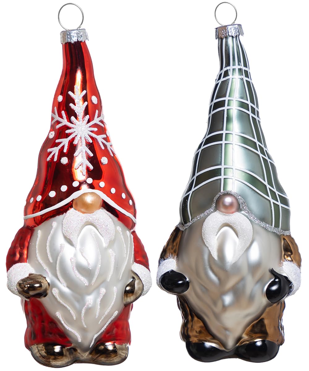 Set of 2 Glass Hanging Gnome Christmas Ornaments, Hand Blown Glass Xmas Gnome Ornaments for Christmas Tree Decorations, Black White Buffalo Plaid Glass Swedish Tomte Santa Gnomes