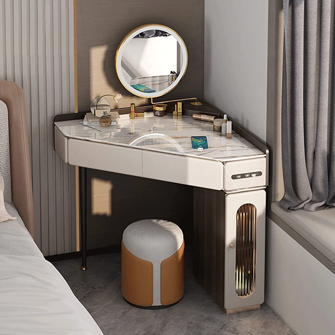 ATAAY 90°Corner Storage Cabinet,Vanity Desk Set Makeupwith LED Lighted Mirror,Side Cabinet and 2 Drawers,Modern Sintered Stone Dressing Table Vanity Desk with Stool,Vanity Chargeable 60cm/23.6in