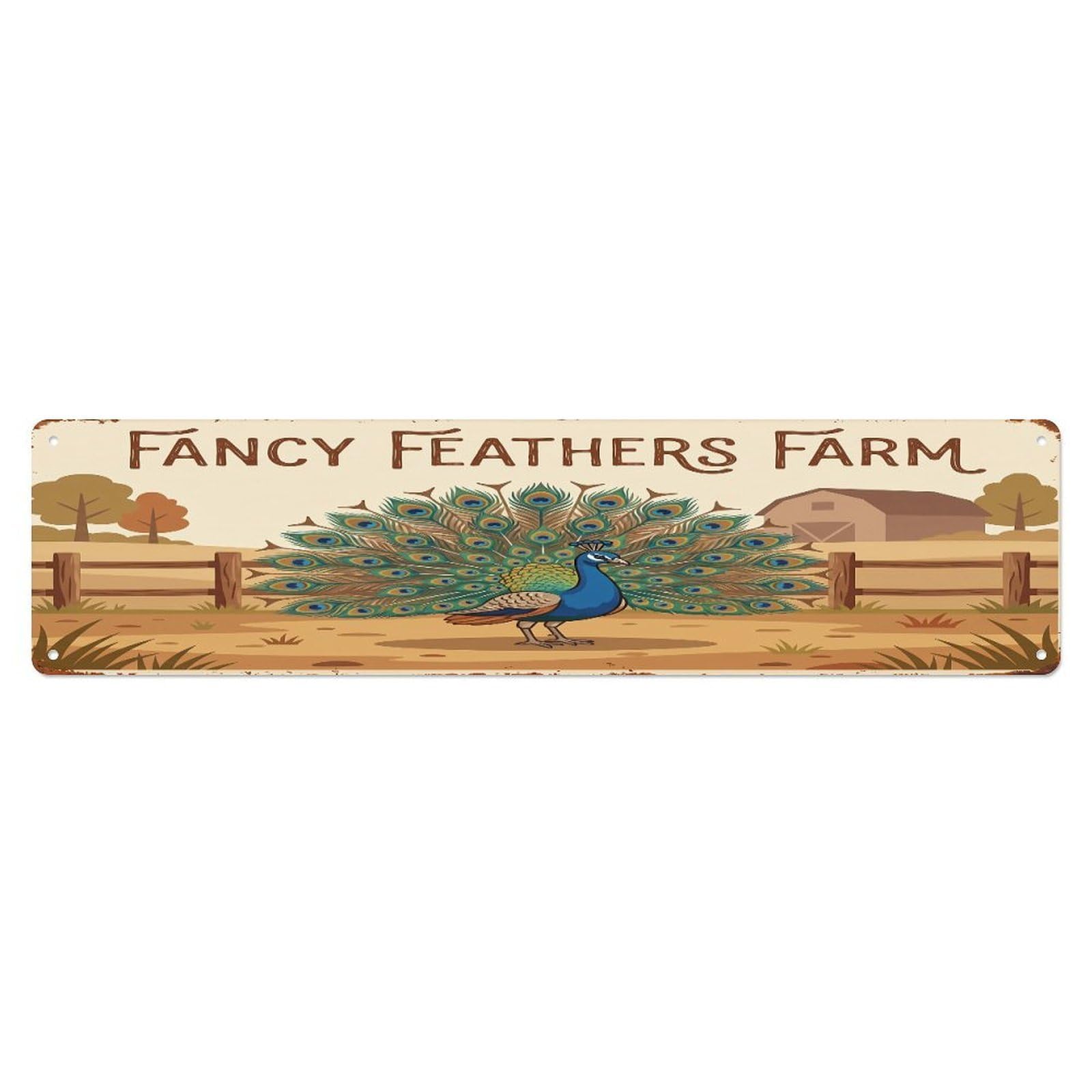 Vintage Peacock Farm Scene FANCY FEATHERS FARM Metal Tin Sign