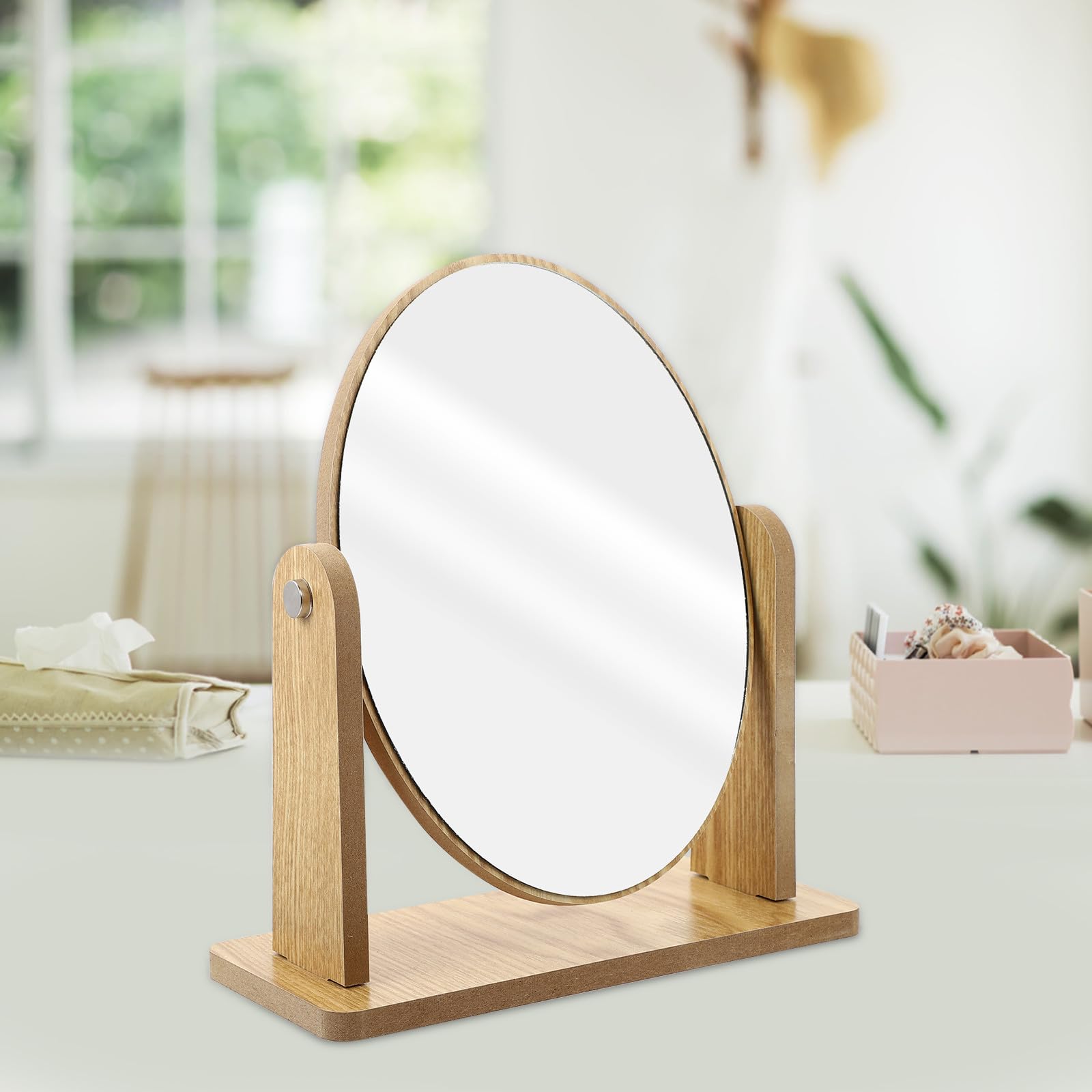 Specchio per Trucco in Legno da Tavolo Salvaspazio Supporto Girevole, Design Moderno e Stile Semplice per Vanità e Camere da Letto