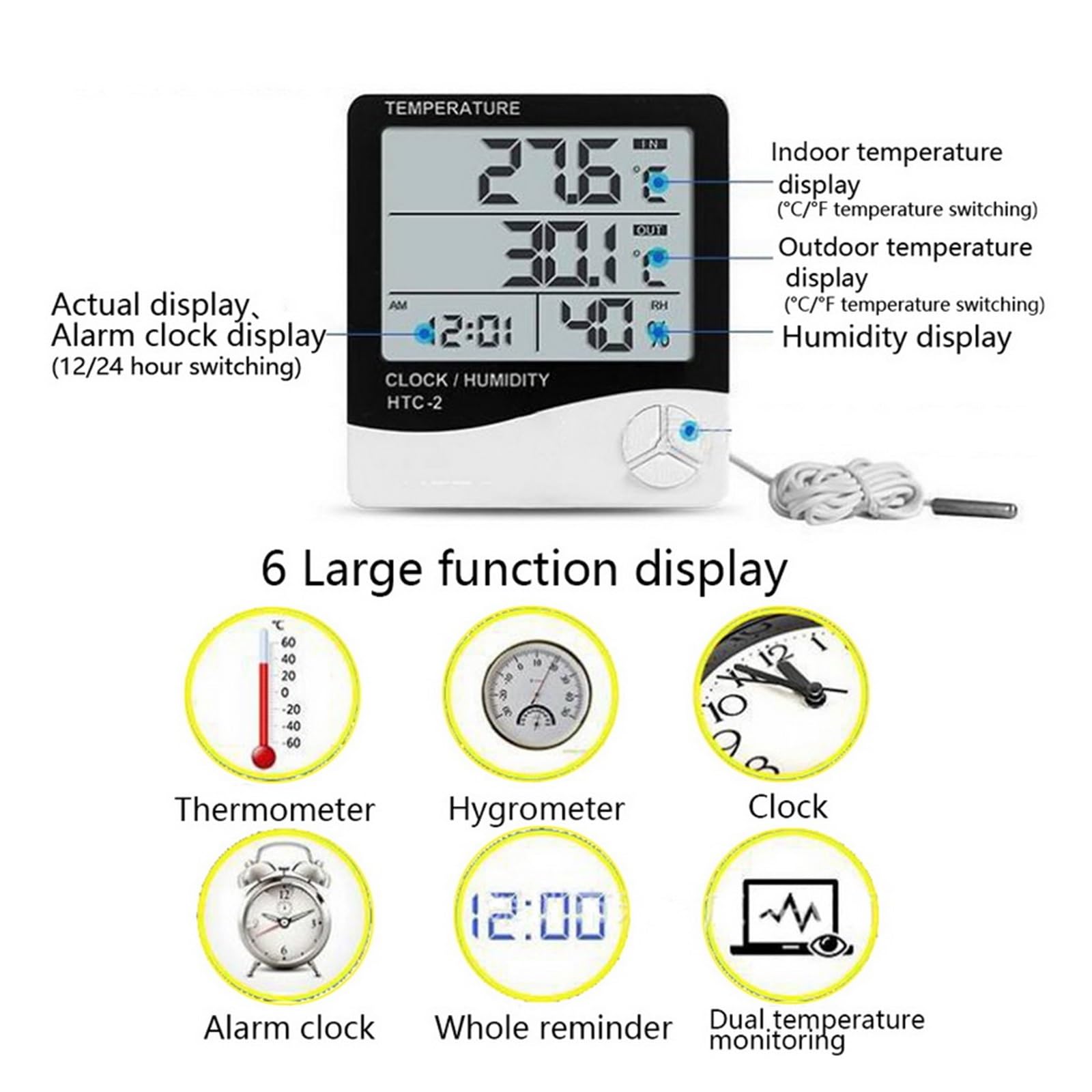 Termoigrometro LCD a Cristallo Digitale Termoigrometro Interno ed Esterno Termometro elettronico Igrometro Stazione meteorologica Orologio