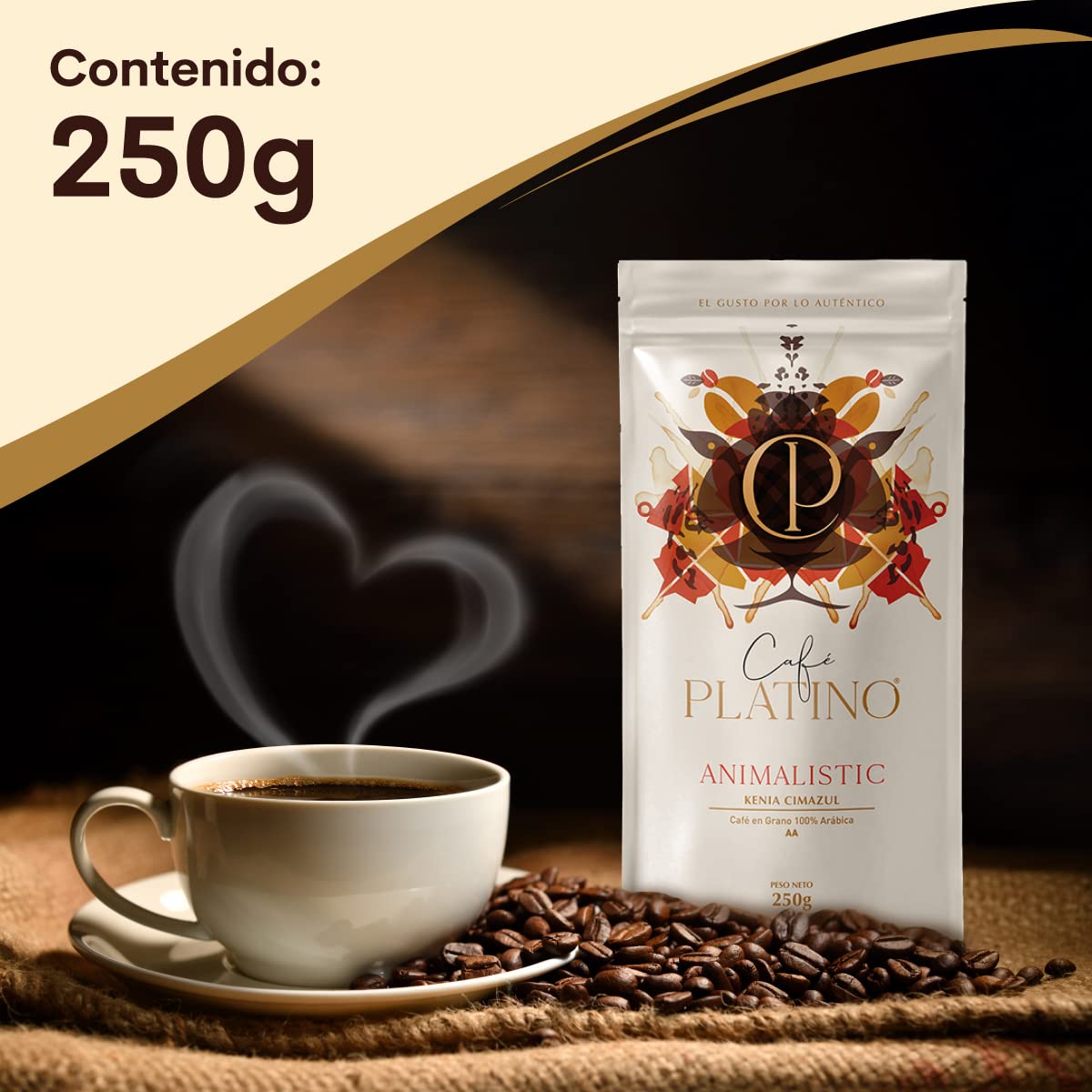 Café Platino Animalistic - Café en Grano Natural de Kenia Cimazul Tostado 250g - 100% Arábica - Categoría AA