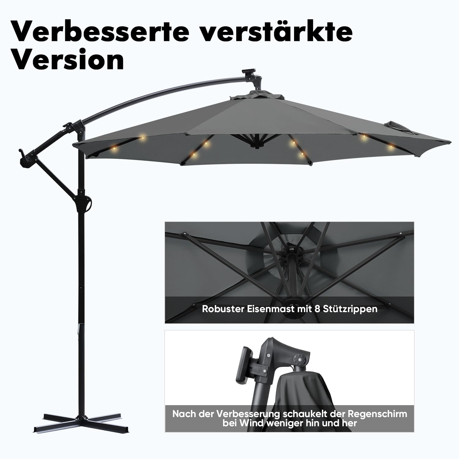 Sekey Ombrello solare a LED, 300 cm, LED a energia solare, protezione solare UV50+, robusto e stabile per il giardino, grigio scuro