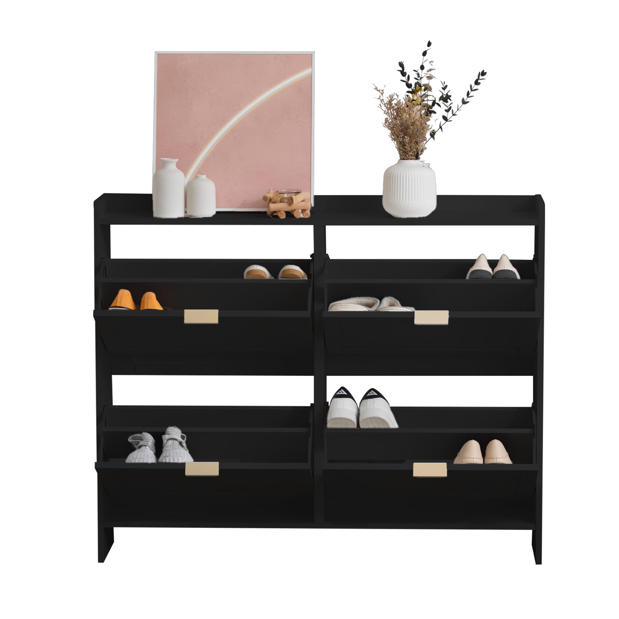 BTM Modern Shoe Storage Cabinet with 4 Flip Drawers, Open Shelves, Freestanding Shoe Rack for Hallway, Entryway Black — image 1