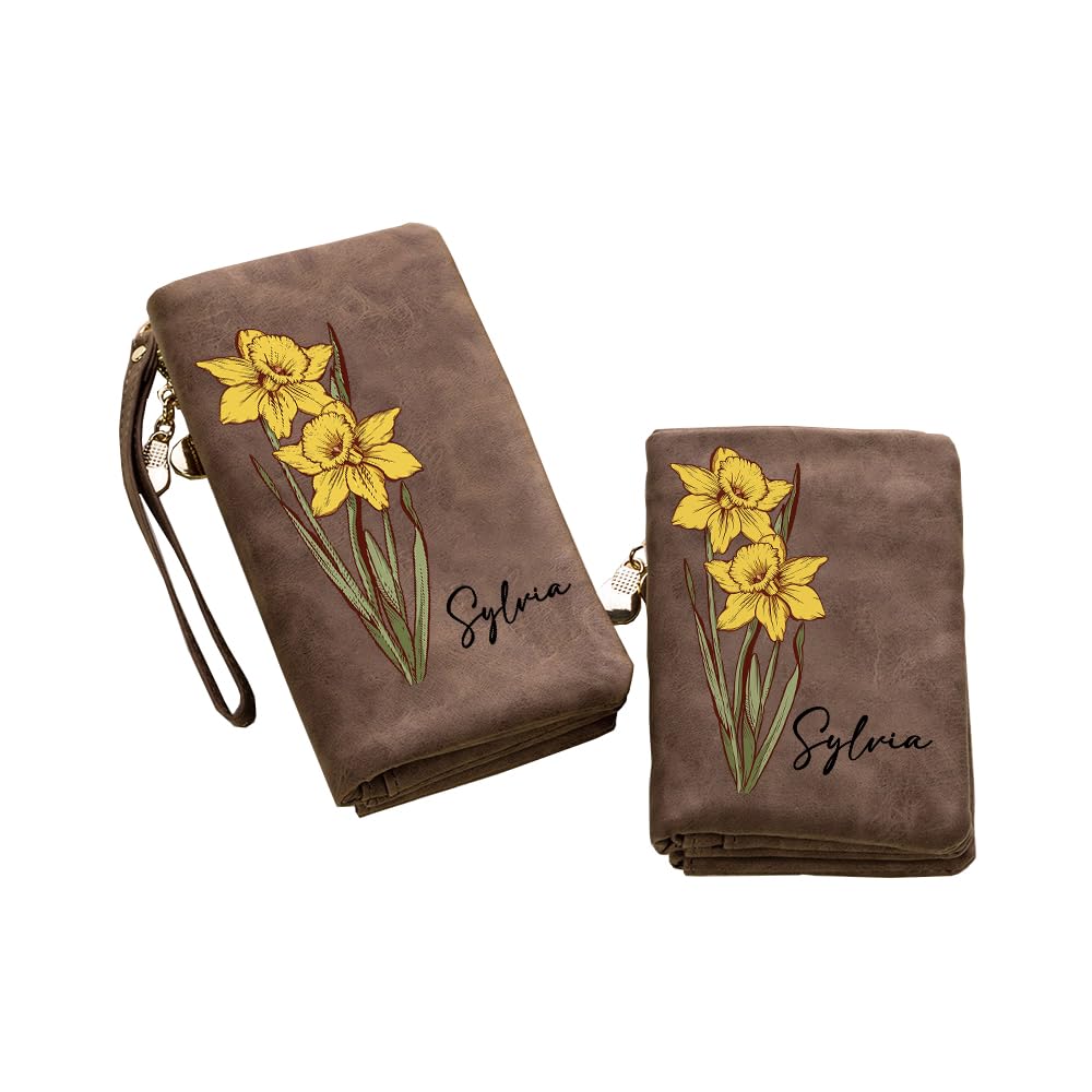 Monedero de cuero personalizado para mujer, con nombre personalizado, flor natal en acuarela, triple compartimento, correa para la muñeca, bolsillo largo para el móvil, ideal para mamá,esposa o abuela