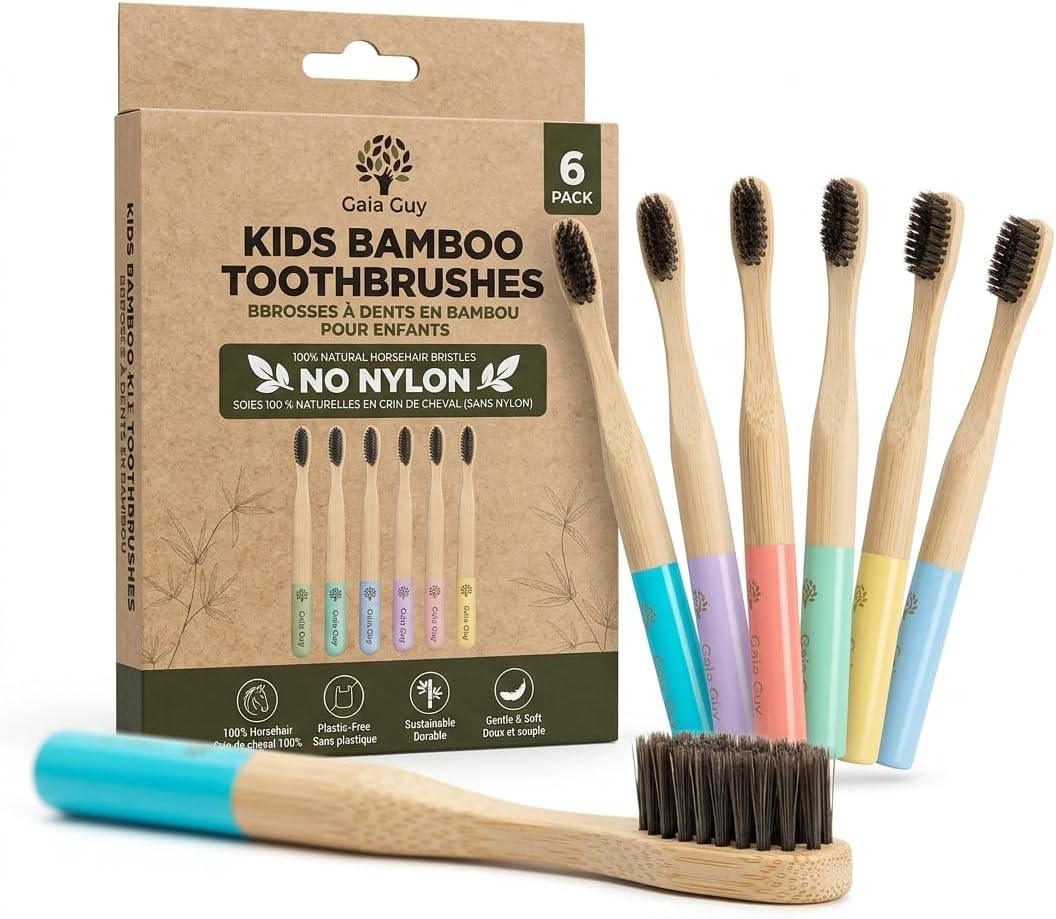 Gaia Guy Kids Bamboo Toothbrush 6 Pack - Natural Horsehair Bristles No Nylon