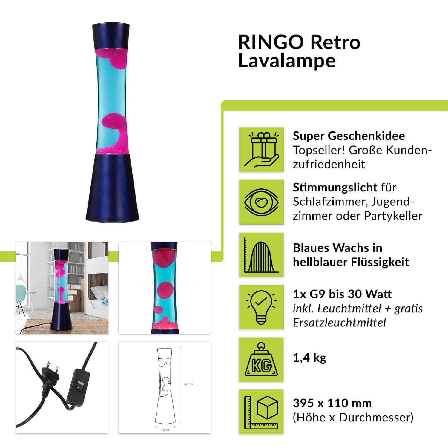 Licht-Erlebnisse Lavalampe Blau Pink, Dekolampe, Retro lampe, Geschenkidee Weihnachten, G9 30 W mit Kabelschalter, inklusive Leuchtmittel, beruhigend, Lavalampe groß