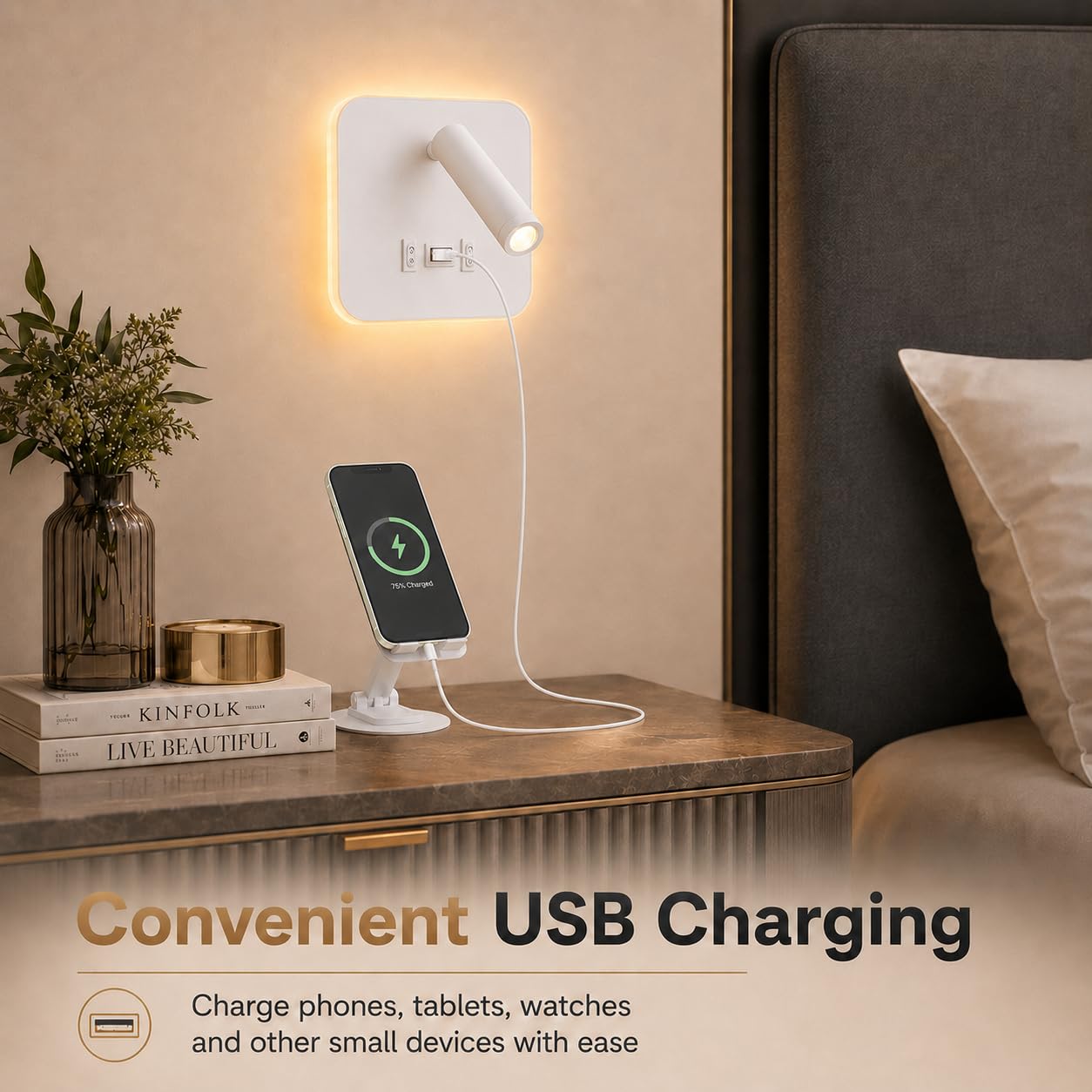 2Pcs Lámpara de Pared LED, Aplique de LED Luz de Lectura con Interruptor y puerto de carga USB,Luz de Lectura Junto a la Cama, Aplique de Pared Cabecera Ajustable Para Dormitorio Escaleras Salas