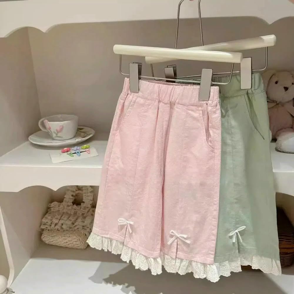 SLJYM Pantaloni dritti per bambini e ragazze, autunno con fiocco in pizzo, pantaloni lunghi larghi casual con elastico in vita per bambini