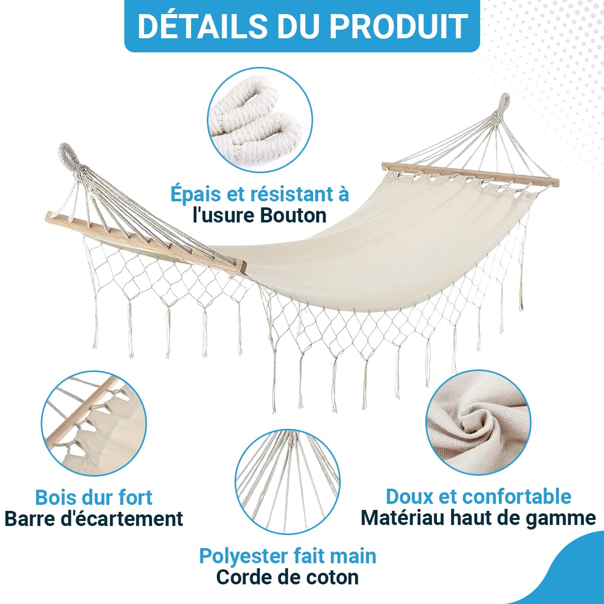 Fleau Goods Hamac de Luxe avec Barre d'écartement - Frange Gracieuse - 100% Coton - Confortable - Matériel de Suspension et Sac de Transport Inclus - 100 x 200 cm
