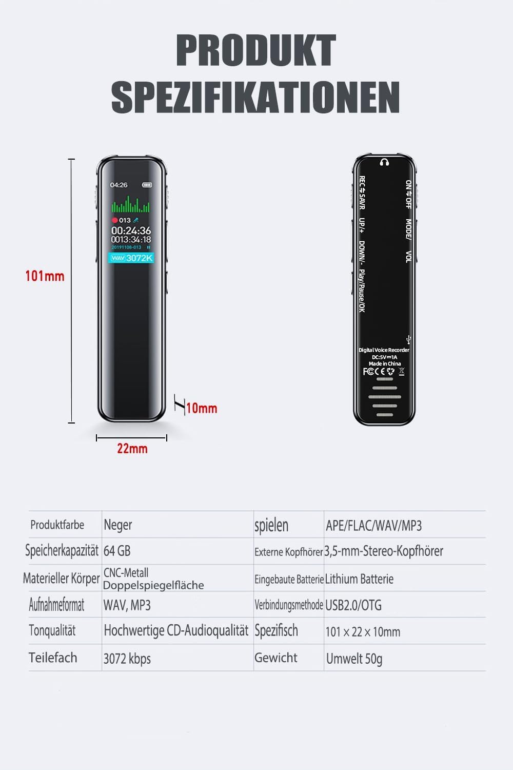 Diktiergerät 64 GB Speicher, Wiederaufladbar Uer USB, Sprachsteuerung, Mit MP3 Player Diktiergerät Mini, Für Kurs, Besprechungs Und Voice Recorder Diktiergerät Mit Schreibfunktion, Voice Recorder