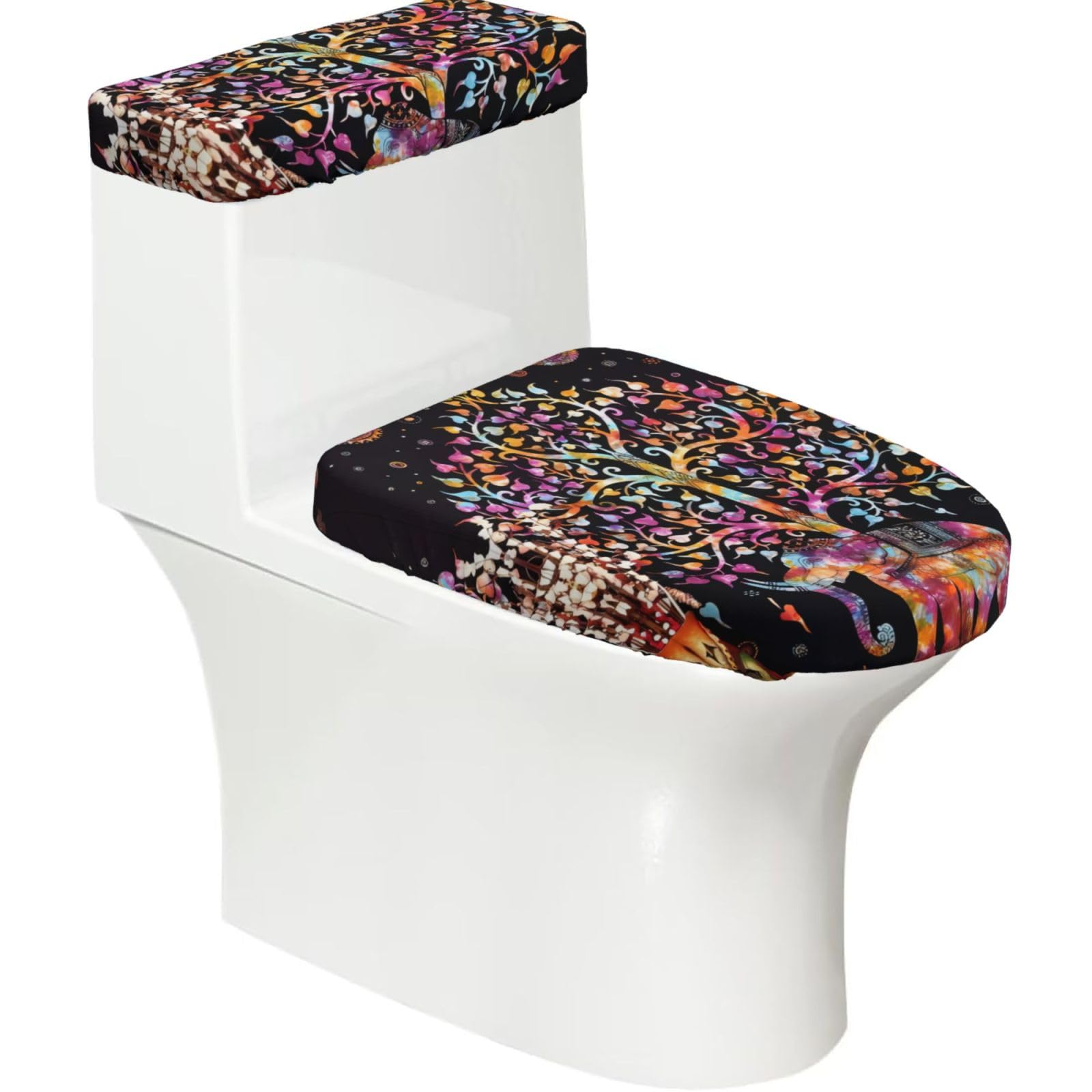 Wzycwb Black Elephant And Tree Of Life 2-Piece Toilet Seat Cover Set With Tank Lid, Elastic Fit For U-Shape & Elongated Toilets, Bathroom Decor, Housewarming Gift