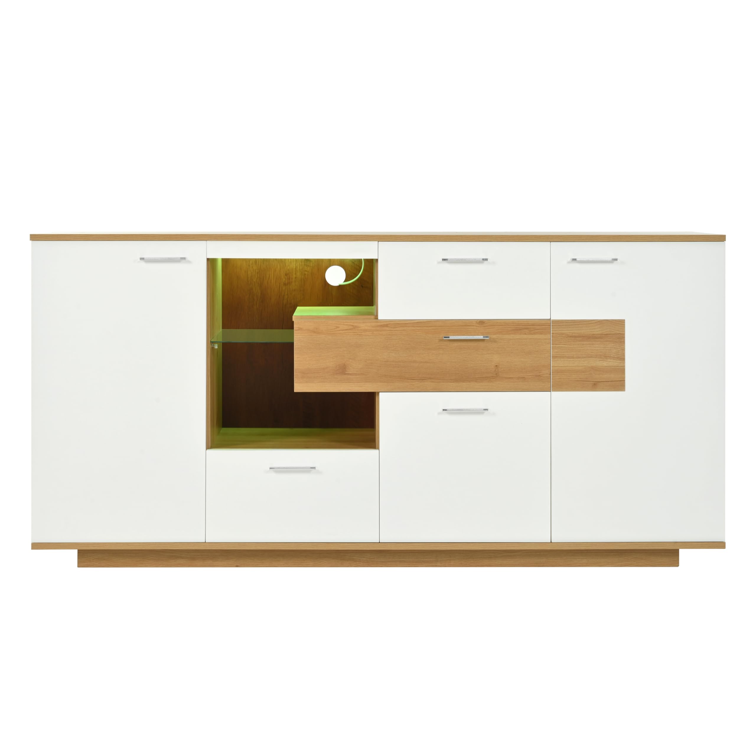 HOMYLIN Armadietto da buffet commerciale con LED RGB, stazione di servizio da 160 cm, con 4 cassetti e 2 ante, per caffetterie e catering, bianco