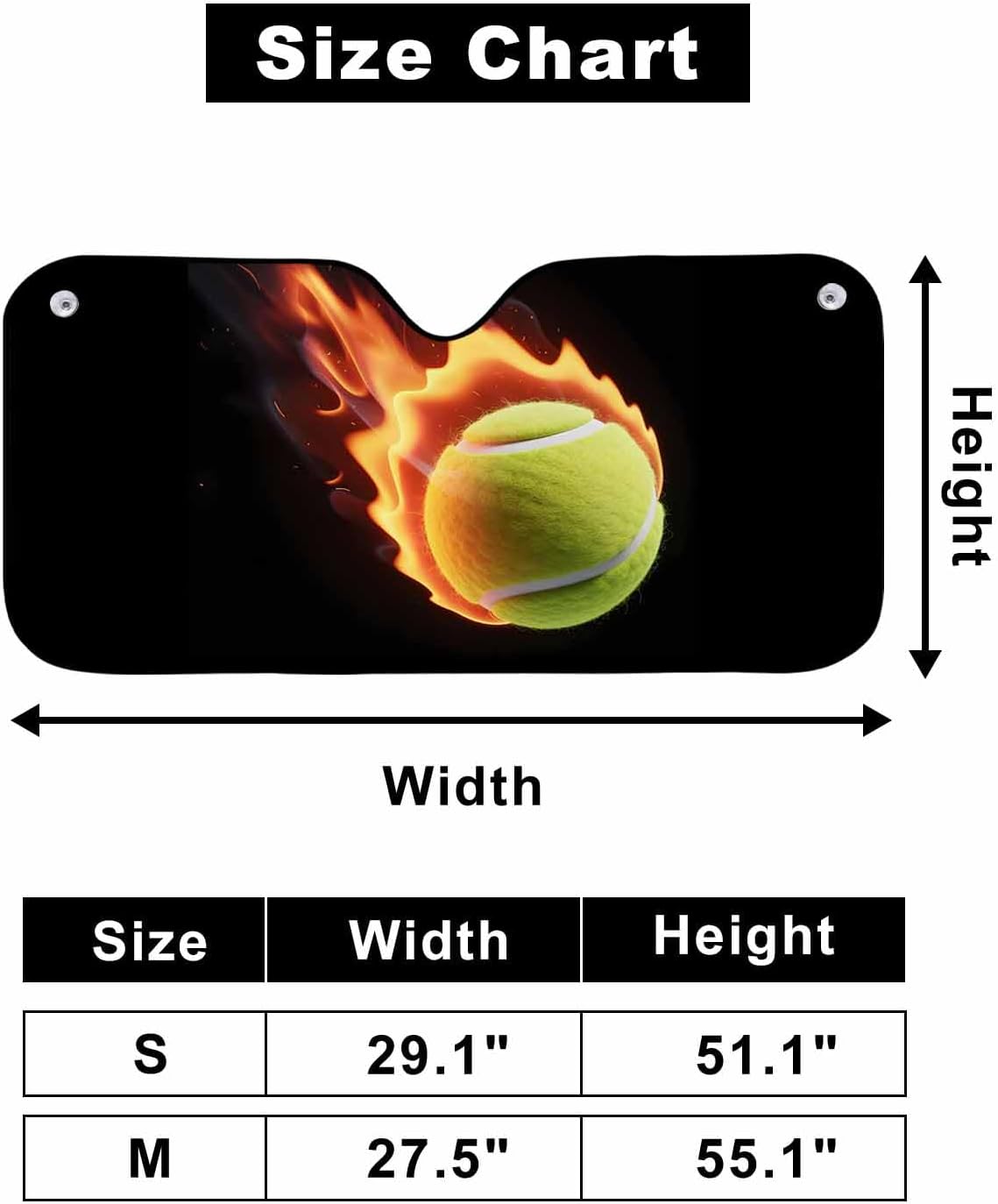 Front Car Windshield Sun Shade 27.5x55in, Tennis Ball in Fire Flames Sports Theme Foldable Car Sunshade Blocks Sun UV Rays Protector Car Sun Visor Protector Keep Cool Car Sunshade