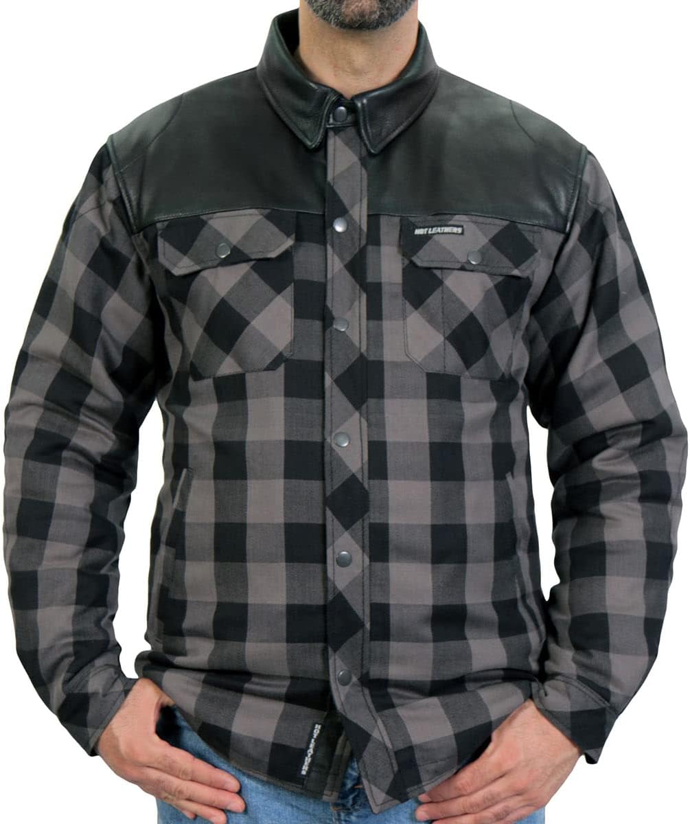 Hot Leathers JKM3203 Men’s Grey and Black Kevlar Reinforced Leather and Plaid Flannel Shirt Hot Leathers JKM3203 Men’s Grey and Black Kevlar Reinforced Leather and Plaid Flannel Shirt