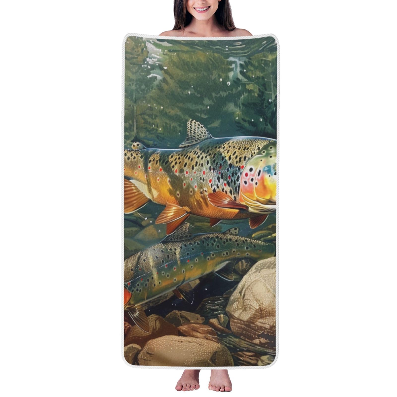 WPKJU Brook Trout Fly Fishing Printed Bath Towel with White Edging - 27x55 in Soft Extra Absorbent Coral Velvet Shower Towels for Bathroom
