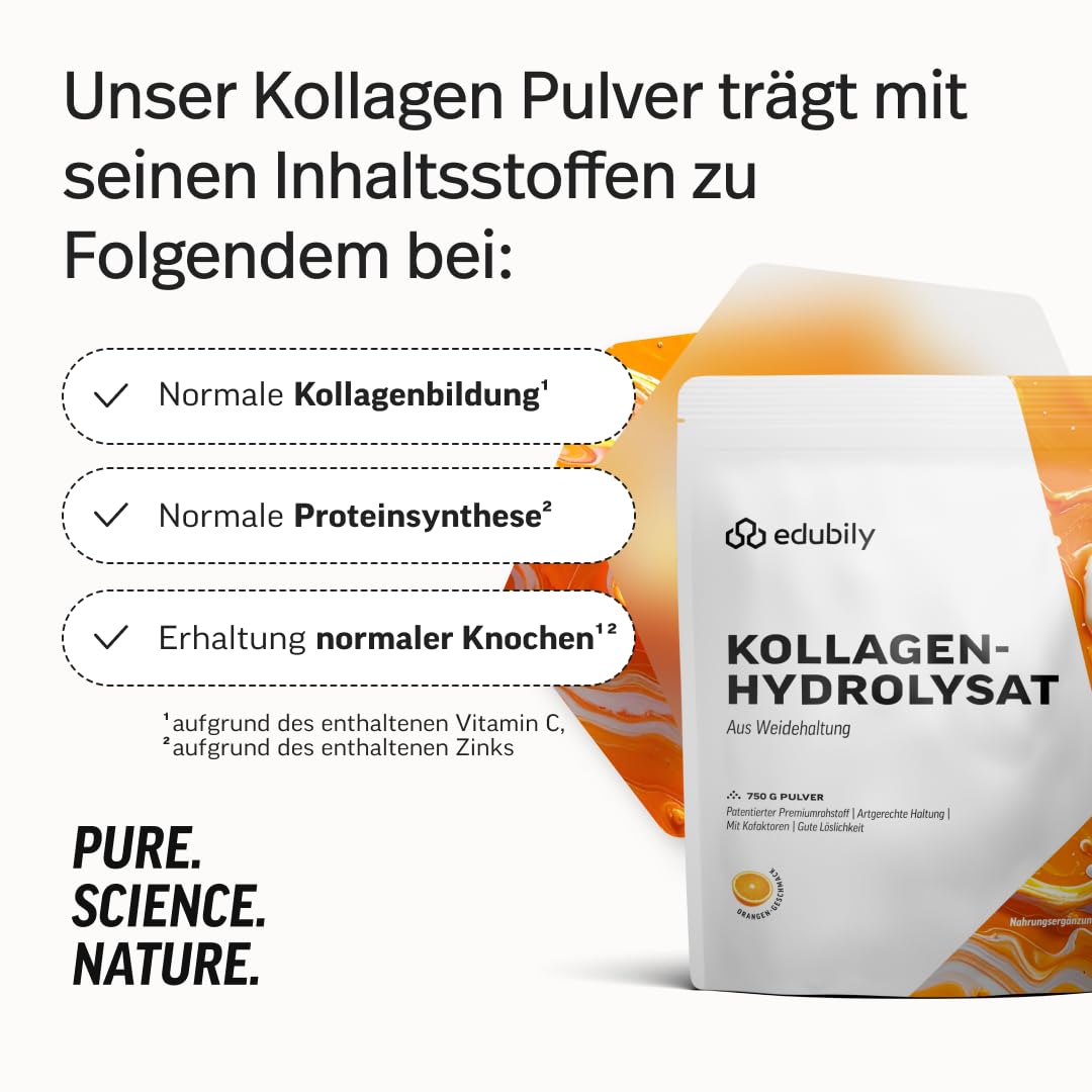edubily Hidrolizado de colágeno, polvo de colágeno como suplemento proteico de alta calidad en la vida cotidiana, de pastos, vitamina C, zinc, cobre, manganeso y sílice - 1 porción diaria (750 g
