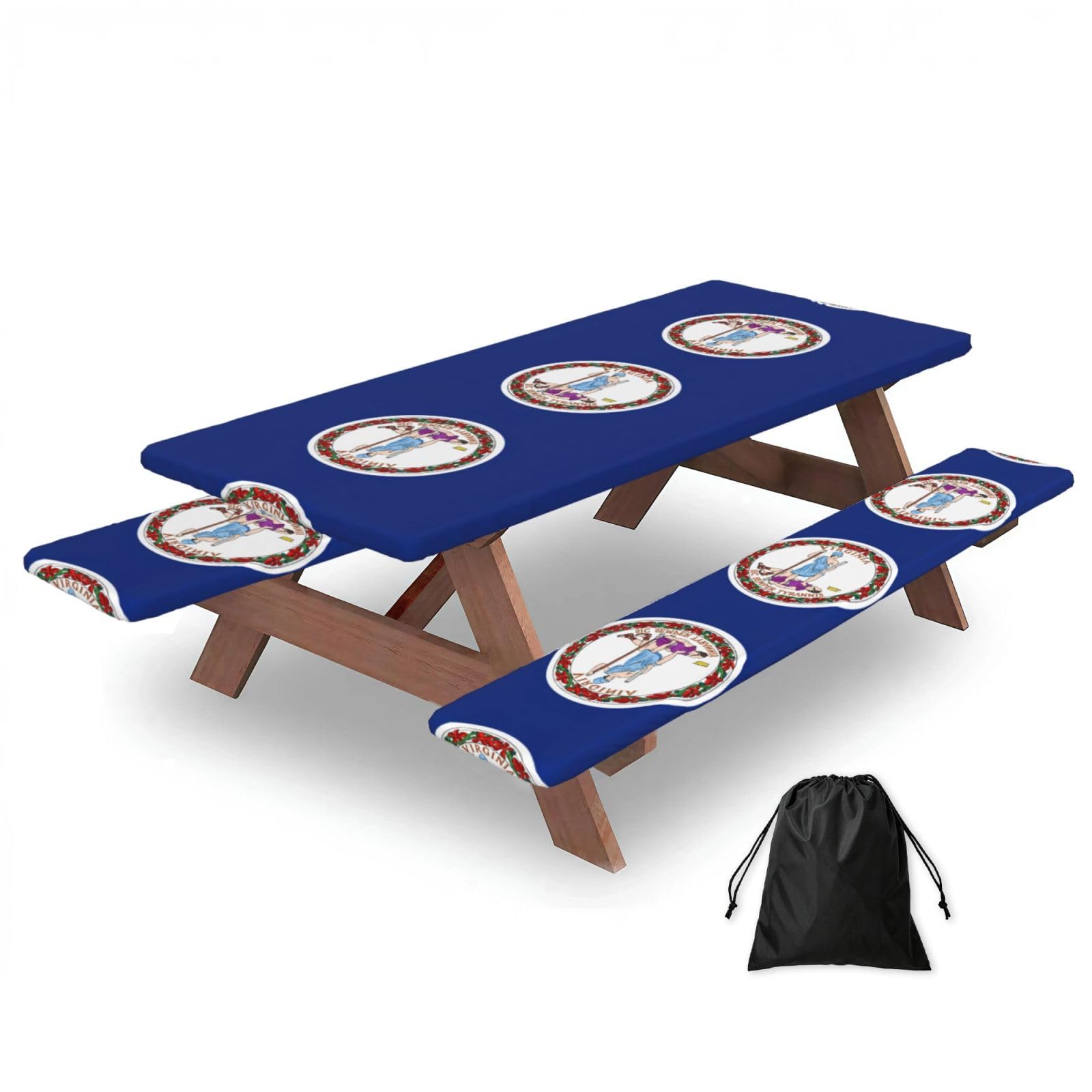 Duwaa Black Flag Of Virginia Print 183Cm Picnic Table Cover With Bench Covers, Waterproof Elastic Tablecloth Set For Outdoor