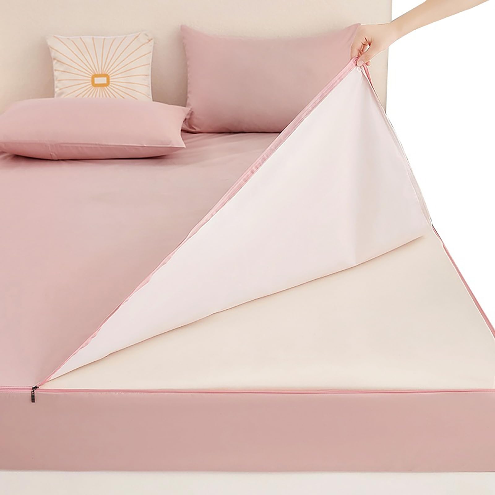Atmungsaktiver Matratzenbezug mit Reißverschluss – 6-seitiger Schutz, inklusive 2 Kissenbezügen, passend für 150 x 200 x 10 cm, perfekt für Paare, weiche rosa Farbe, leicht zu reinigen