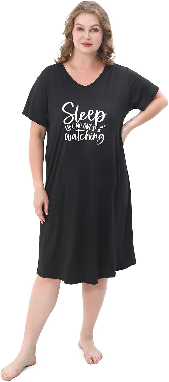 2 Pack Plus Size Nightgown for Women Casual V Neck Nightshirts Print Short Sleeve Sleepwear - Image 3
