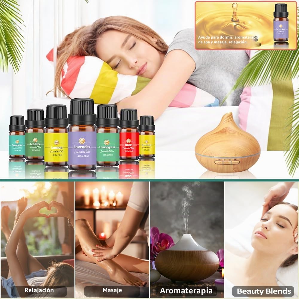 Set de Aceites Esenciales para Humidificador 18 x 10ml,óleo Essencial Lavanda Ylang-Ylang Árbol del Té Eucalipto Incienso Lemongrass Romero Naranja Menta Limón Bergamota Pomelo Manzanilla Rosa