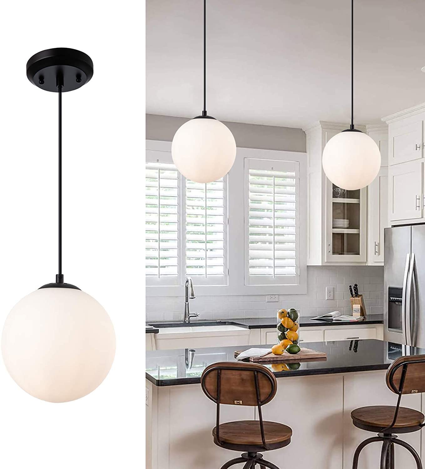 SAH Modern Globe Shape Hanging Pendant Light, Moon Glass Shade Minimalist Elegant Ceiling Fixture for Kitchen Island, Dining Room, Bedroom Adjustable Height (Without Bulb)-image-14