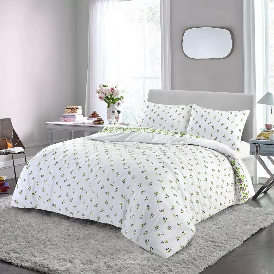 KARKARM Rose Bud Floral Flannelette Duvet Cover Sets Super King Lilac 100% Brushed Cotton Flannel Duvet Cover and Pillowcases Set Reversible Thermal Flower Bedding Quilt Covers Sets