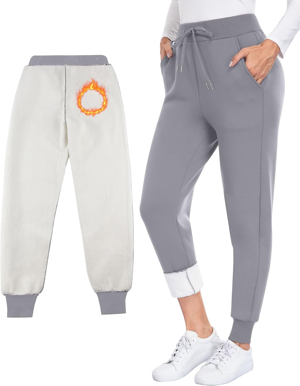 CHRLEISURE Fleece Lined Pants Women - Thermal Winter Warm Cold Weather Athletic Jogger Sweatpants with Pockets
