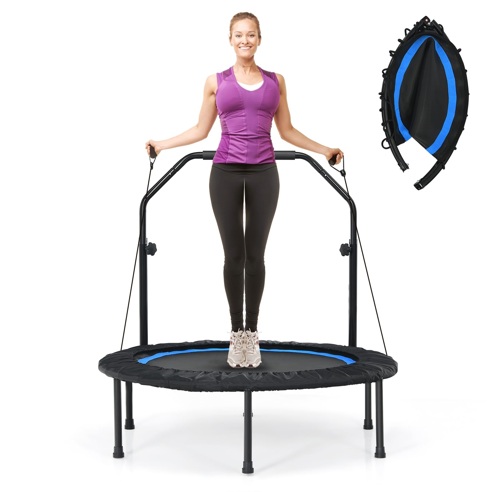 LIFEZEAL Trampolino per fitness pieghevole φ101 cm, saltatore con barra di sicurezza, 2 bande di resistenza, altezza regolabile 107,5-130,5 cm, telaio in acciaio, carico 150 kg, interno ed esterno