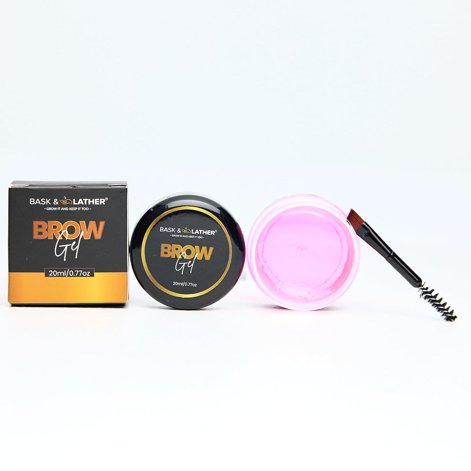 BASK & LATHER Stronghold 24-Hour Brow Gel – Clear Eyebrow Gel with Castor Oil, Argan Oil & Basil Leaf – Flake-Free, Waterproof, Smudge-Proof Eyebrow Setting for Thicker, Fuller Brows, 20mL