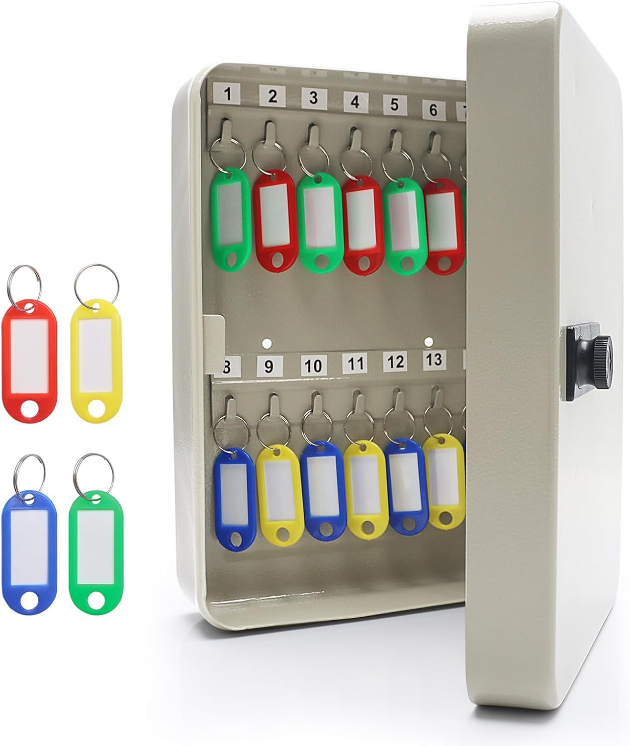 YIK TUNG 28-Key Steel Key Cabinet with Combination Lock – Wall Mounted Key Safe Box with 30 Colour Key Tags, Resettable 3-Digit Code, Heavy Duty Key Storage for Home Office Hotel Car Dealership