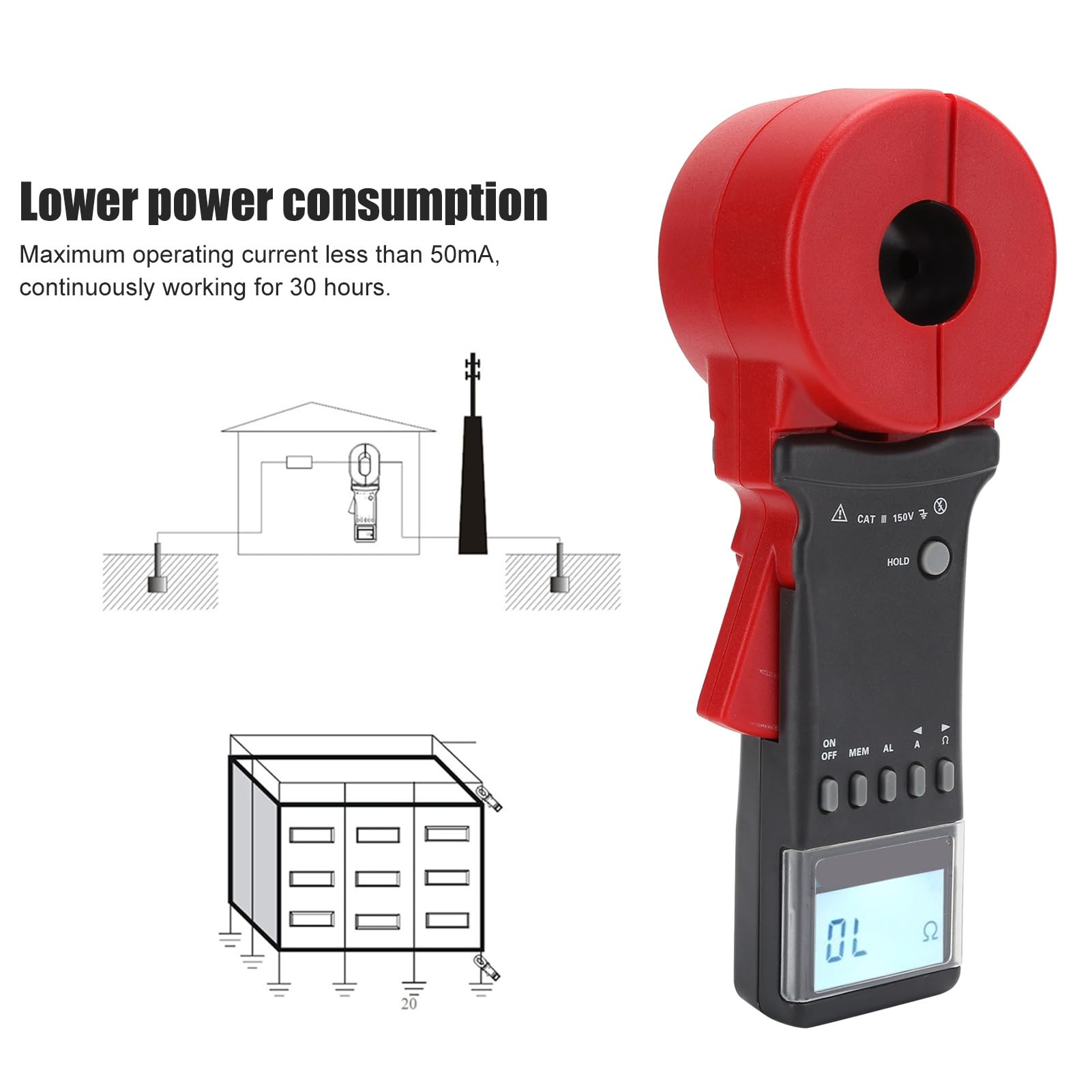 Hyuduo ETCR2100C Plus Tester Rezystancji Uziemienia Miernik Rezystancji Uziemienia Cęgowy 0,01 do 1200 Ohm 0mA do 30A z pamięcią Danych Niski Poziom Naładowania Akumulatora Automatyczne Wyłączanie dla