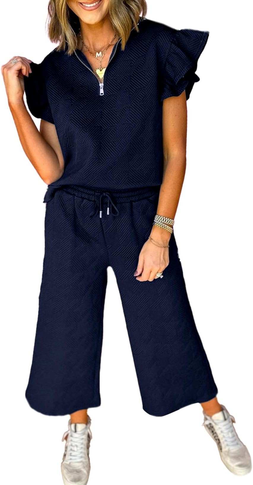 SHEWIN 2 Piece Sets Outfits for Women V Neck Collared Ruffle Short Sleeve Polo Shirts Quarter Zip Pullover Tops Lounge Set