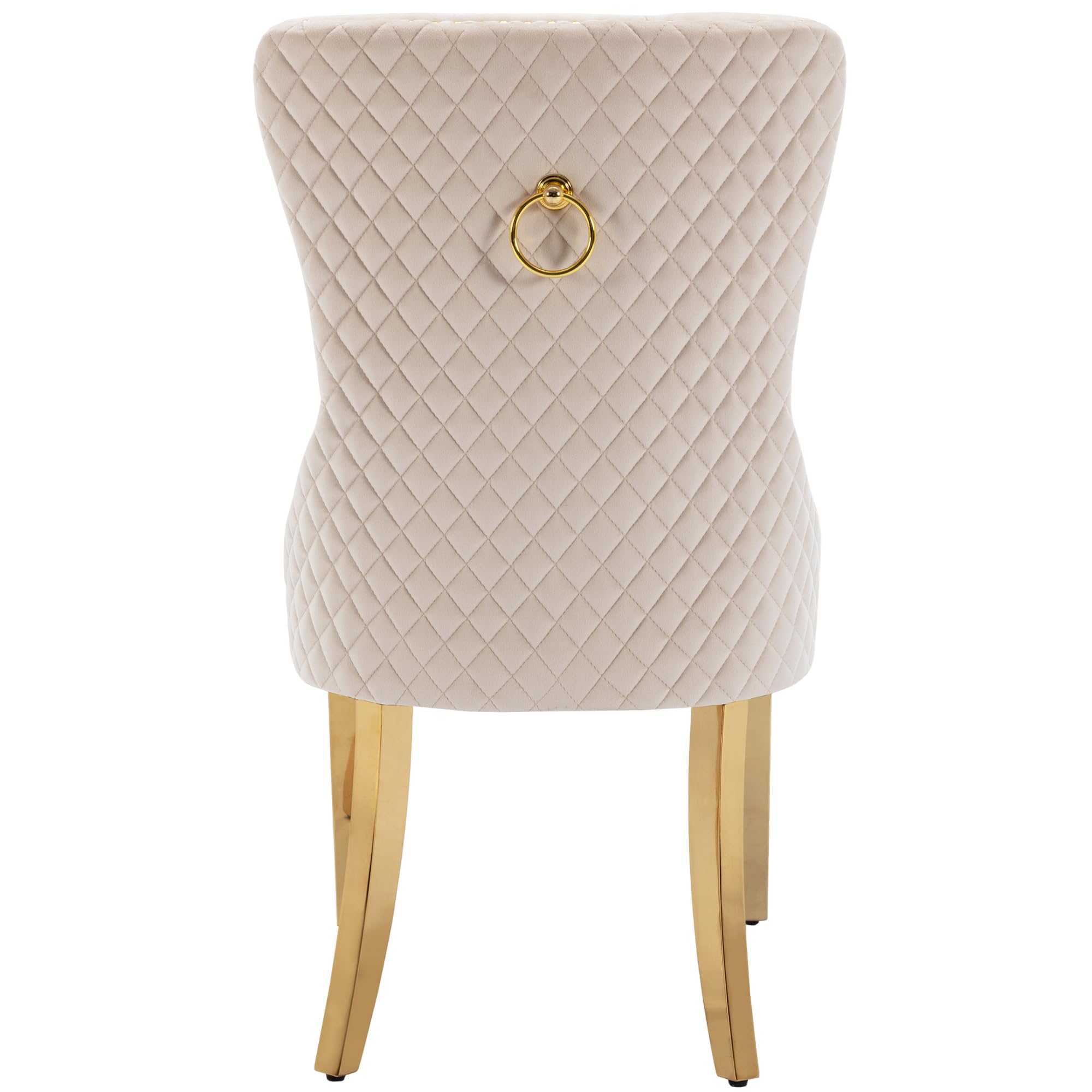 Esszimmerstuhl Beige (Küchenstuhl Wohnzimmerstuhl mit einzigartigem Runde Zugringe auf der Rückseite, 2 STS), Polsterstuhl mit Nagelkopfbesatz,Stützbeine aus vergoldetem Edelstahl, Samt