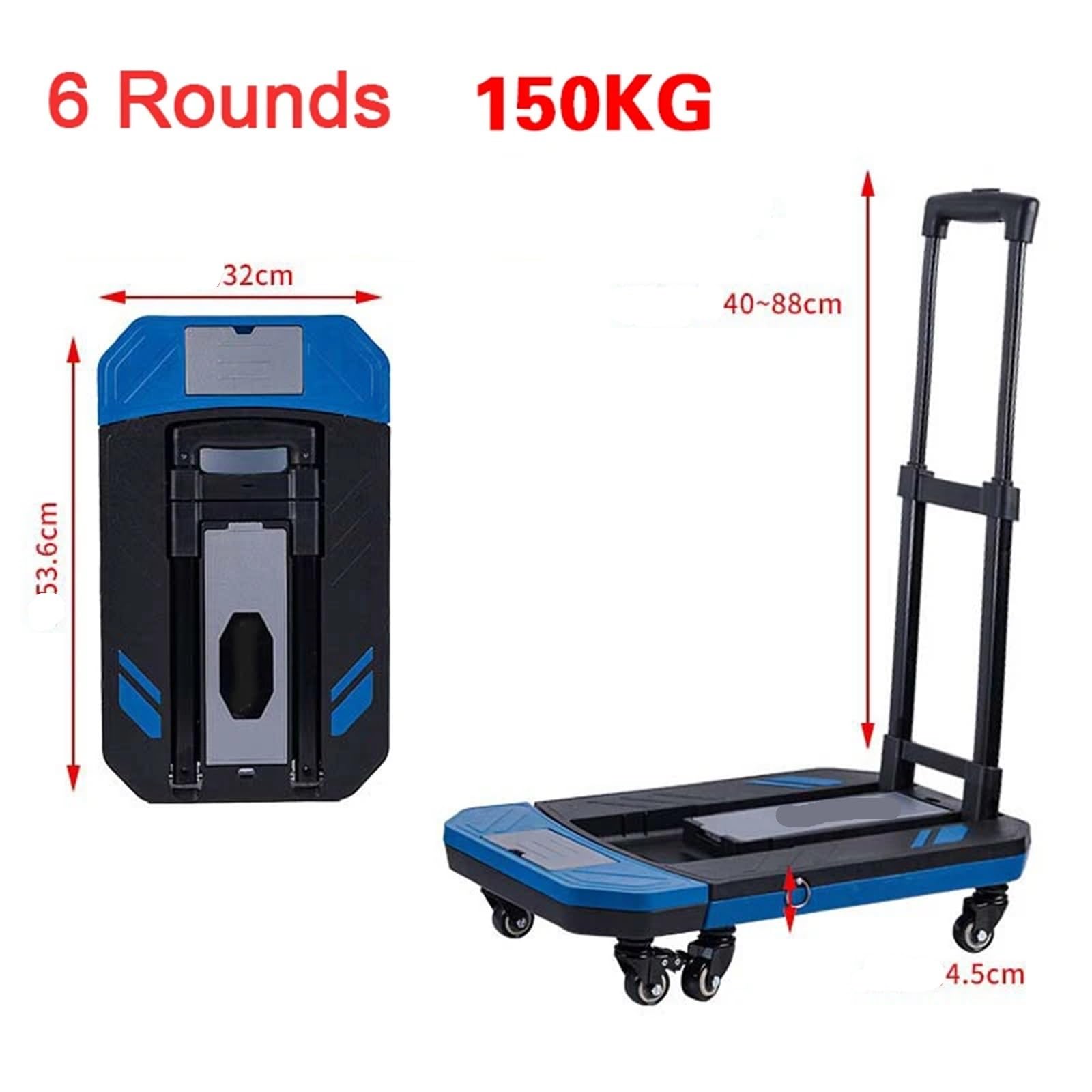 Faltbare Sackkarre mit 6 Rädern, zusammenklappbar, Sackkarre, schwarz, klein, leicht, tragbar, Teleskop, Rucksack, Gepäck, Reisen, Umzug, Einkaufen, zusammenklappbar, wandelbarer Handwagen