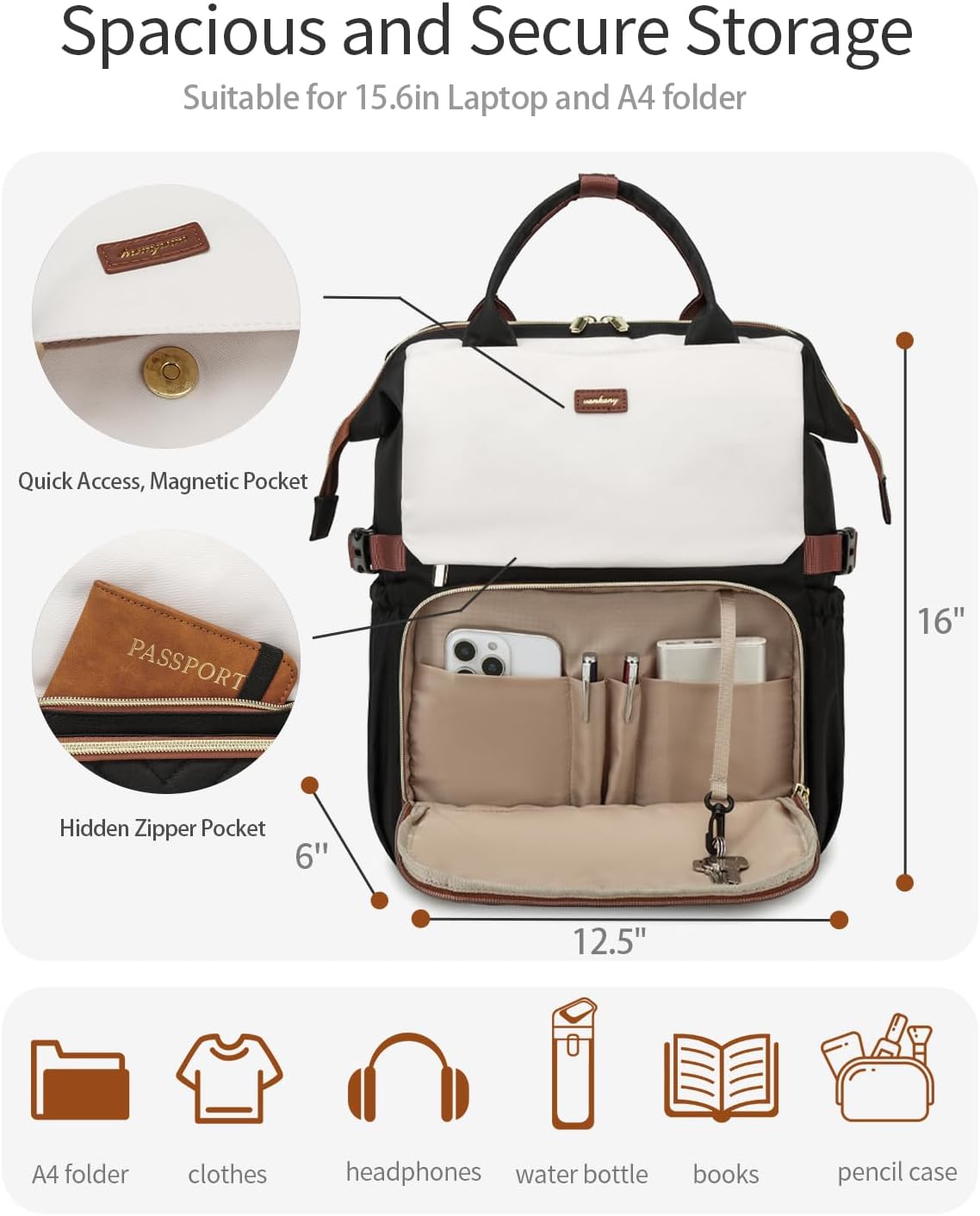 Bookbag for Women Laptop Backpack, Teacher Nurse Work Computer Bags with Cup Holder & USB Charger for Travel, School Bag College Back Pack for Girls, BlackWhiteBrown - Image 2